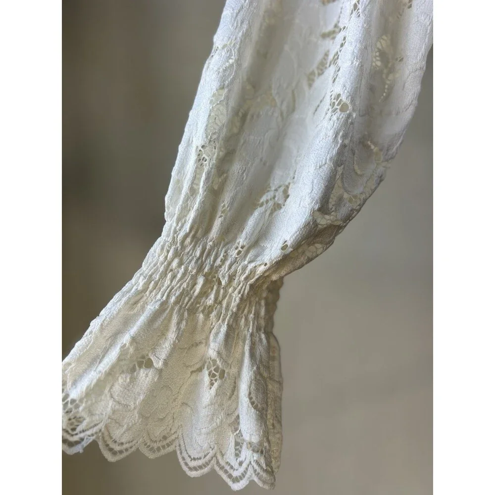 Free People White Lace Ruffle Sleeve Round Neck Women's Blouse Size S